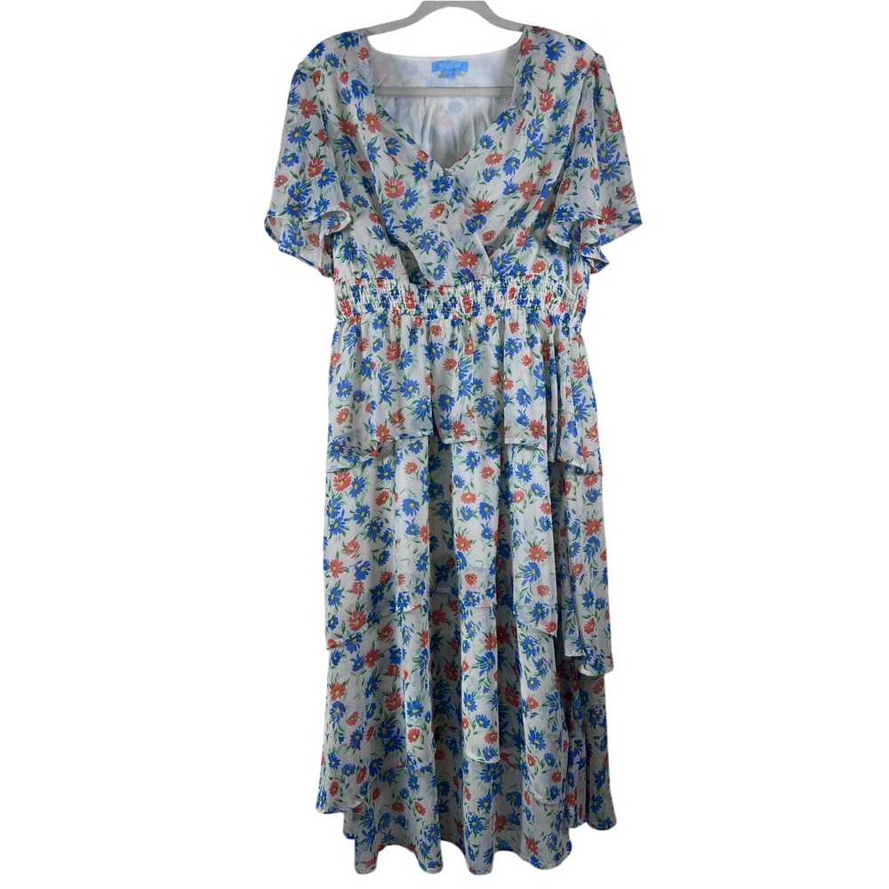Draper James RSVP Floral Smocked Tiered Maxi‎ Dress Ivory Blue Orange Large VGUC
